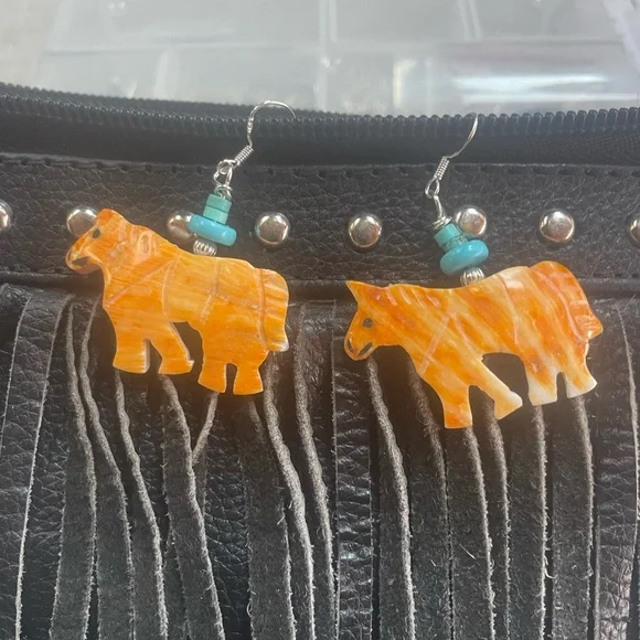 Orange Spiny Oyster Shell Horse Earrings with Turquoise & Navajo silver Pearl - Picture 1 of 5